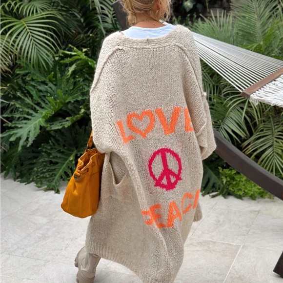 New Oversized Long Peace & Love Sweater Jacket Duster Chunky Knit Boho Vintage - Picture 3 of 10